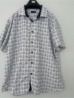 BC Collection Nautical Hawaiian Shirt Men’s 3XL White Navy Anchor Helm Sailing